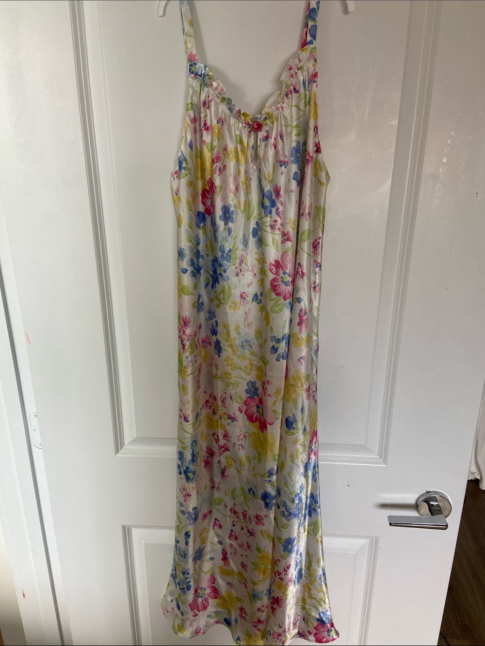 Oscar de la Renta White Satin Floral Chemise with Pink, Blue & Yellow Blossoms